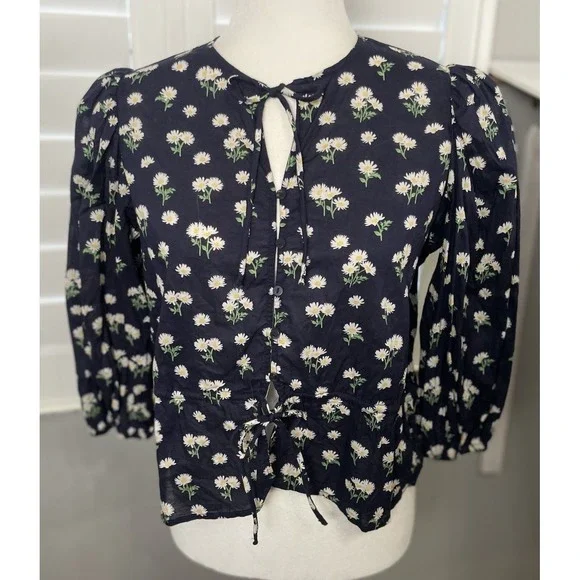 H&M Navy Yellow Daisy Floral Tie Front Blouce Puff Sleeves Top Woman's Size S - Picture 3 of 16